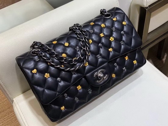 Chanel Classic Flap Bag with Metal Flower Studs Black Lambskin