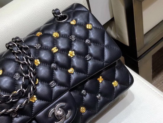 Chanel Classic Flap Bag with Metal Flower Studs Black Lambskin