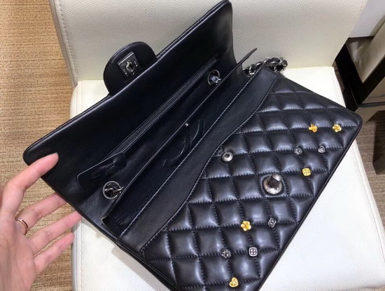 Chanel Classic Flap Bag with Metal Flower Studs Black Lambskin