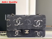 Chanel Classic Handbag Embroidered Denim Sequins Silver Tone Metal Black A01112 Replica