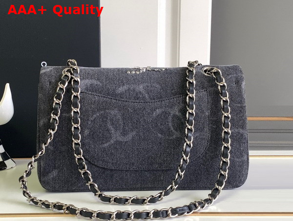 Chanel Classic Handbag Embroidered Denim Sequins Silver Tone Metal Black A01112 Replica