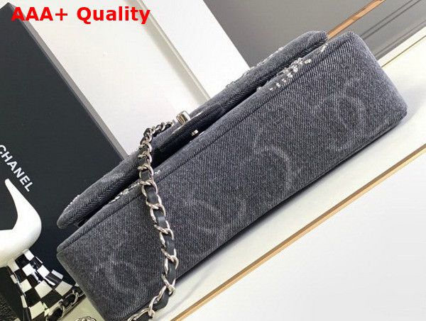 Chanel Classic Handbag Embroidered Denim Sequins Silver Tone Metal Black A01112 Replica