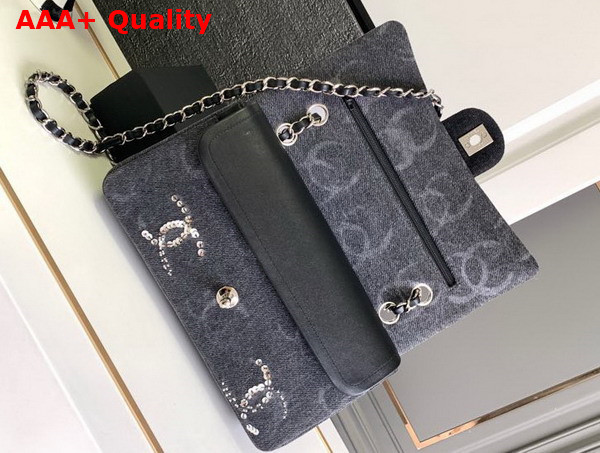 Chanel Classic Handbag Embroidered Denim Sequins Silver Tone Metal Black A01112 Replica