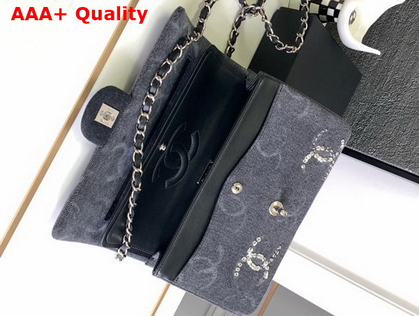 Chanel Classic Handbag Embroidered Denim Sequins Silver Tone Metal Black A01112 Replica