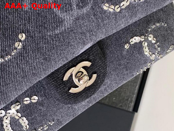 Chanel Classic Handbag Embroidered Denim Sequins Silver Tone Metal Black A01112 Replica