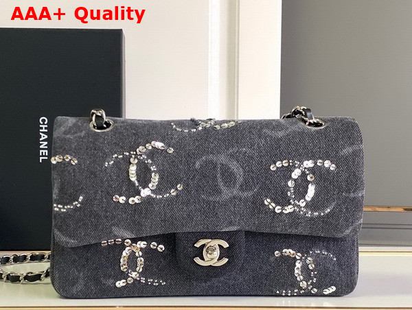 Chanel Classic Handbag Embroidered Denim Sequins Silver Tone Metal Black A01112 Replica