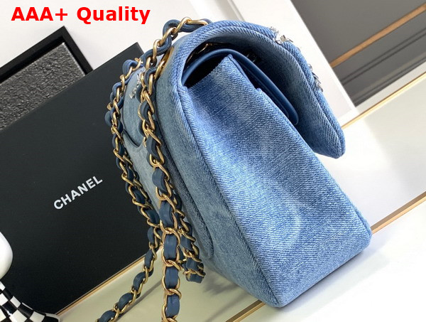 Chanel Classic Handbag Embroidered Denim Sequins Silver Tone Metal Blue A01112 Replica