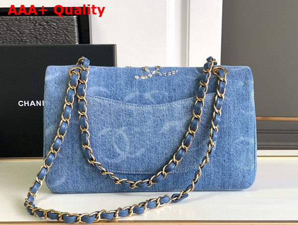 Chanel Classic Handbag Embroidered Denim Sequins Silver Tone Metal Blue A01112 Replica