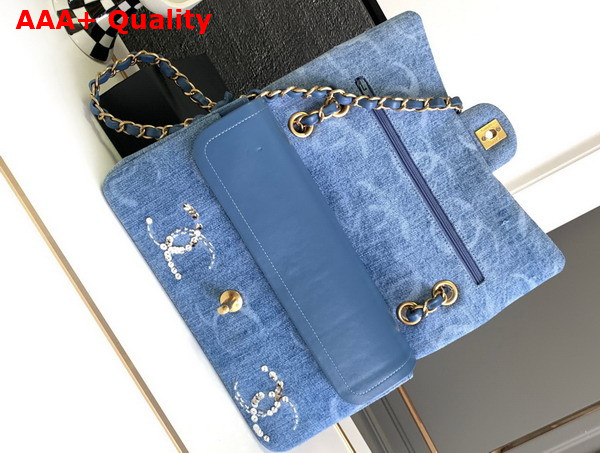 Chanel Classic Handbag Embroidered Denim Sequins Silver Tone Metal Blue A01112 Replica