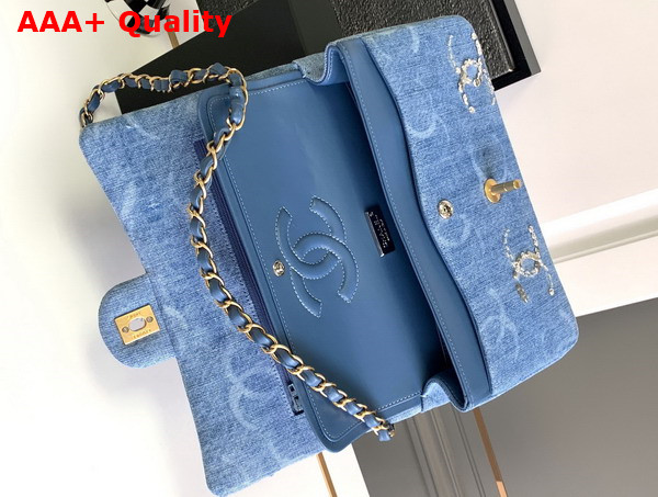 Chanel Classic Handbag Embroidered Denim Sequins Silver Tone Metal Blue A01112 Replica