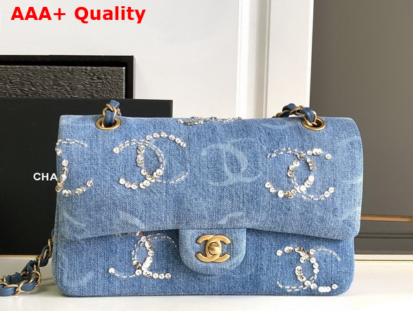 Chanel Classic Handbag Embroidered Denim Sequins Silver Tone Metal Blue A01112 Replica