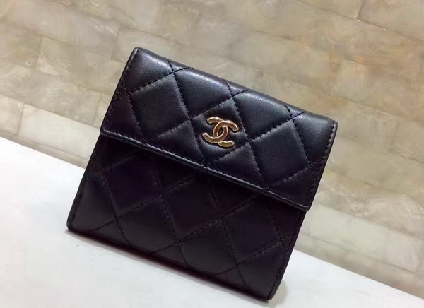 Chanel Classic Small Wallet Black Quilted Lambskin Gold Toned Metal For Sale