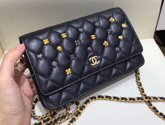 Chanel Classic Wallet On Chain Black Lambskin with Metal Flower Studs A81618