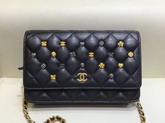 Chanel Classic Wallet On Chain Black Lambskin with Metal Flower Studs A81618