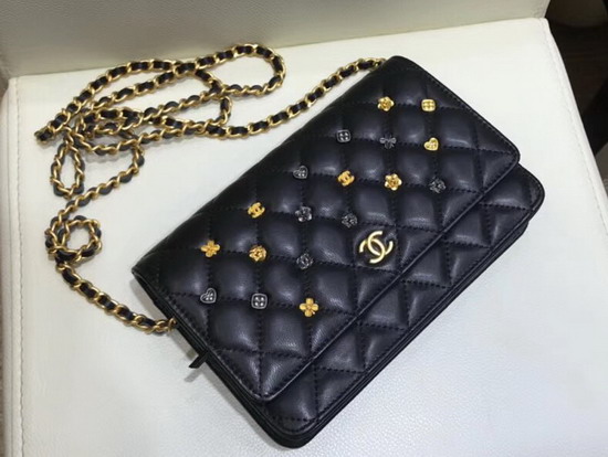 Chanel Classic Wallet On Chain Black Lambskin with Metal Flower Studs A81618