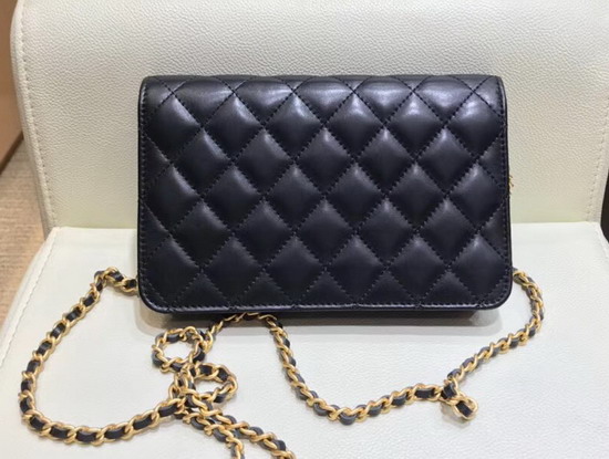 Chanel Classic Wallet On Chain Black Lambskin with Metal Flower Studs A81618