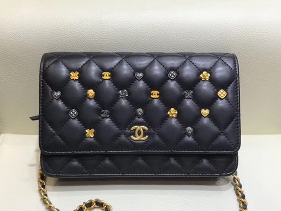 Chanel Classic Wallet On Chain Black Lambskin with Metal Flower Studs A81618