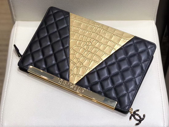 Chanel Clutch Lambskin Crocodile Embossed Calfskin and Gold Tone Metal Black and Gold AS0705