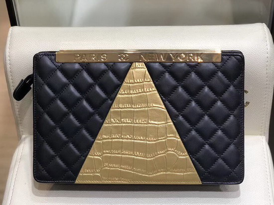 Chanel Clutch Lambskin Crocodile Embossed Calfskin and Gold Tone Metal Black and Gold AS0705