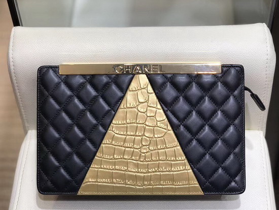 Chanel Clutch Lambskin Crocodile Embossed Calfskin and Gold Tone Metal Black and Gold AS0705