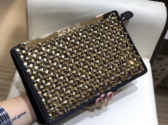 Chanel Clutch Satin Crystal Pearls and Gond Tone Metal Gold and Black AS0705