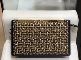 Chanel Clutch Satin Crystal Pearls and Gond Tone Metal Gold and Black AS0705