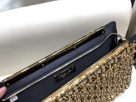 Chanel Clutch Satin Crystal Pearls and Gond Tone Metal Gold and Black AS0705