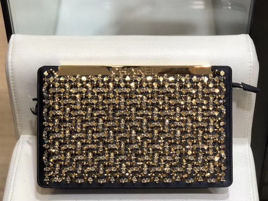 Chanel Clutch Satin Crystal Pearls and Gond Tone Metal Gold and Black AS0705