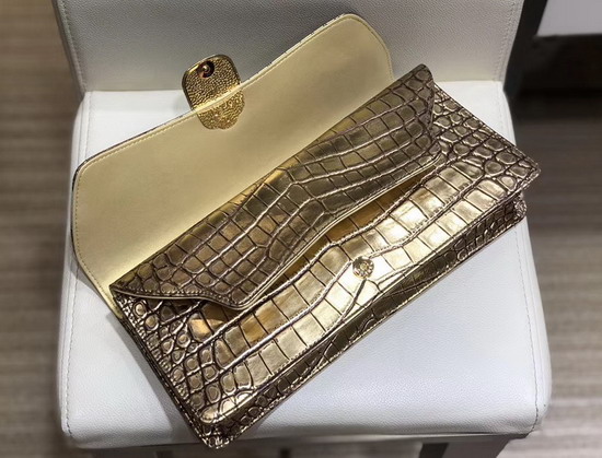 Chanel Clutch in Gold Metallic Crocodile Embossed Calfskin and Gold Metal AS0857