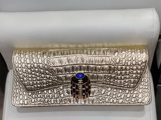 Chanel Clutch in Gold Metallic Crocodile Embossed Calfskin and Gold Metal AS0857