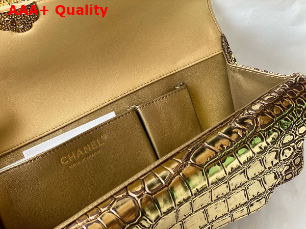 Chanel Clutch in Metallic Gold Crocodile Embossed Calfskin with Beetle Closure Replica