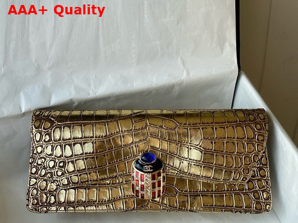 Chanel Clutch in Metallic Gold Crocodile Embossed Calfskin with Beetle Closure Replica