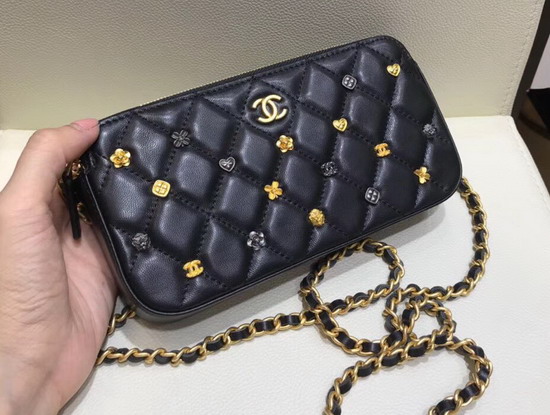 Chanel Clutch with Chain Black Lambskin with Metal Flower Studs A81616