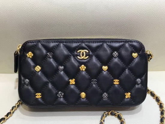 Chanel Clutch with Chain Black Lambskin with Metal Flower Studs A81616