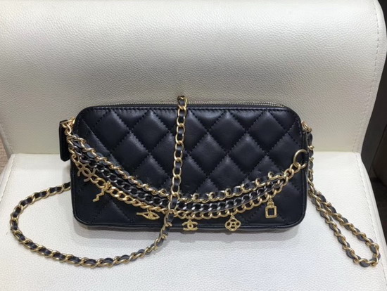 Chanel Clutch with Chain Decorated with Bag Charm Chain Black Lambskin