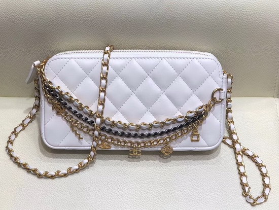 Chanel Clutch with Chain Decorated with Bag Charm Chain White Lambskin