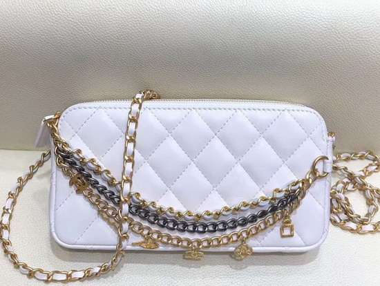 Chanel Clutch with Chain Decorated with Bag Charm Chain White Lambskin