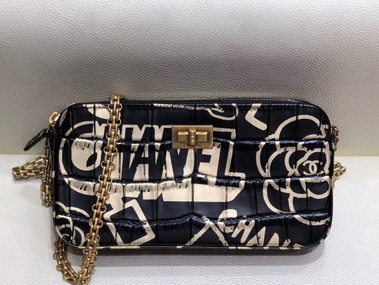 Chanel Clutch with Chain in Black Crocodile Embossed Printed Leather