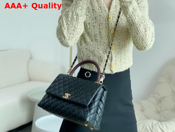 Chanel Coco Handle Bag in Black Grained Calfskin with Lizard Top Handle Replica