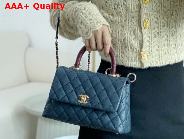 Chanel Coco Handle Bag in Navy Blue Grained Calfskin with Lizard Top Handle Replica