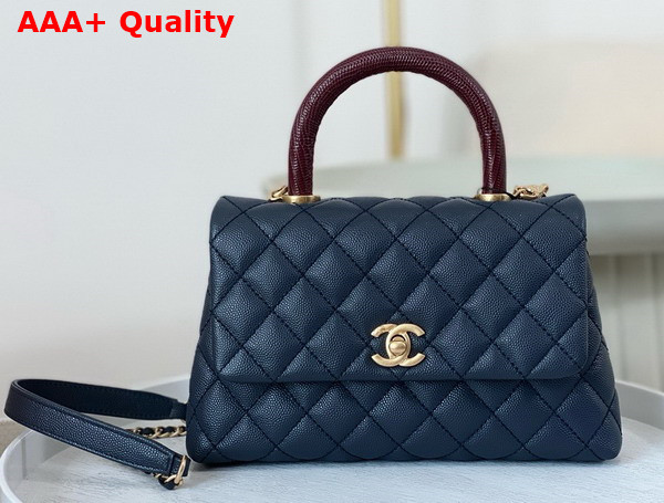 Chanel Coco Handle Bag in Navy Blue Grained Calfskin with Lizard Top Handle Replica