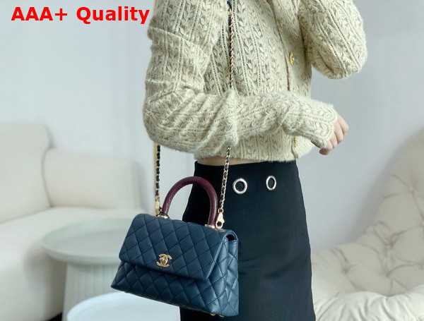 Chanel Coco Handle Bag in Navy Blue Grained Calfskin with Lizard Top Handle Replica