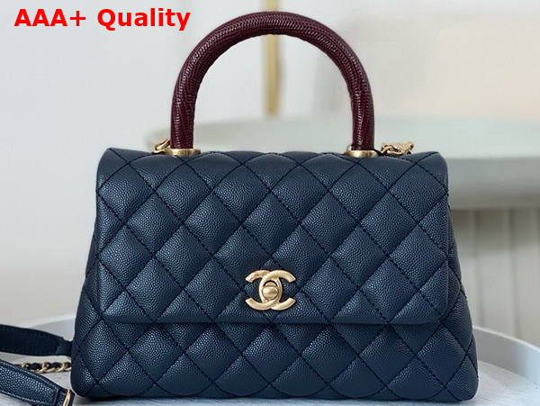 Chanel Coco Handle Bag in Navy Blue Grained Calfskin with Lizard Top Handle Replica