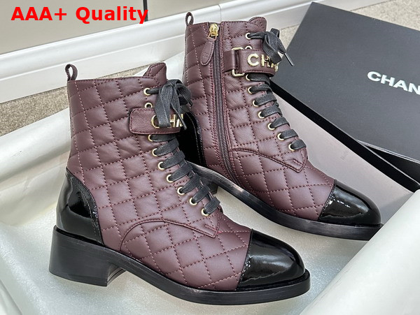 Chanel Combat Boots Lambskin and Patent Calfskin Burgundy and Black Ref G45005 Replica