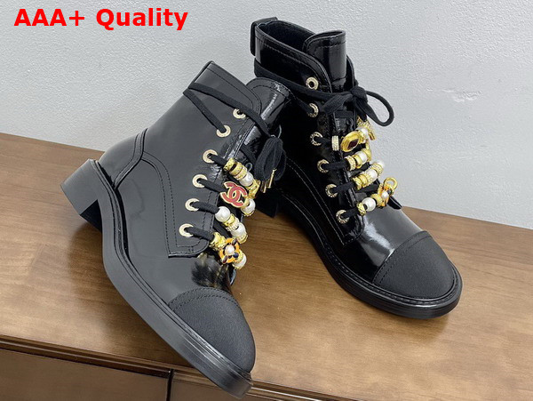 Chanel Combat Boots in Black Calfskin Grosgrain Imitation Pearls Strass Metal G45856 Replica