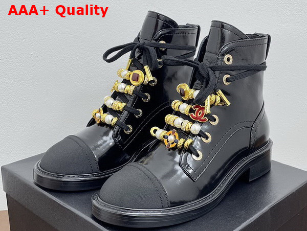 Chanel Combat Boots in Black Calfskin Grosgrain Imitation Pearls Strass Metal G45856 Replica