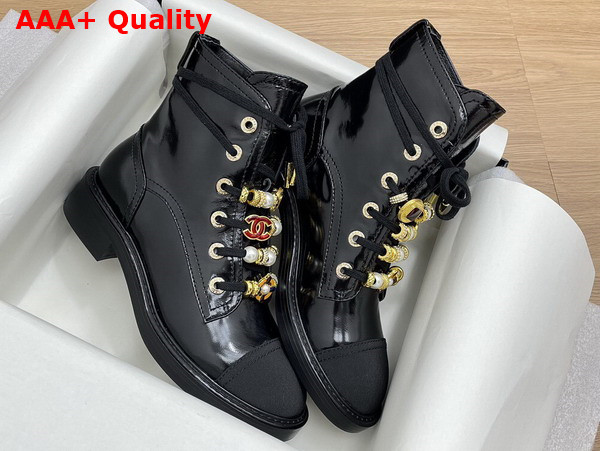 Chanel Combat Boots in Black Calfskin Grosgrain Imitation Pearls Strass Metal G45856 Replica