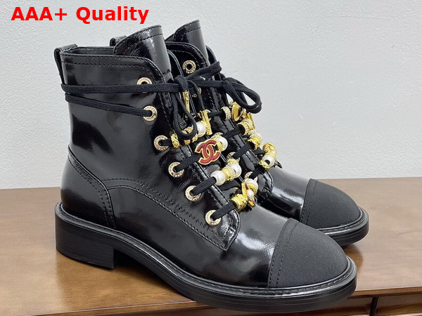 Chanel Combat Boots in Black Calfskin Grosgrain Imitation Pearls Strass Metal G45856 Replica