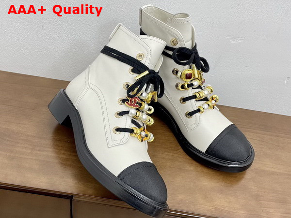 Chanel Combat Boots in White Calfskin Grosgrain Imitation Pearls Strass Metal G45856 Replica