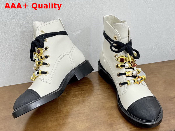 Chanel Combat Boots in White Calfskin Grosgrain Imitation Pearls Strass Metal G45856 Replica